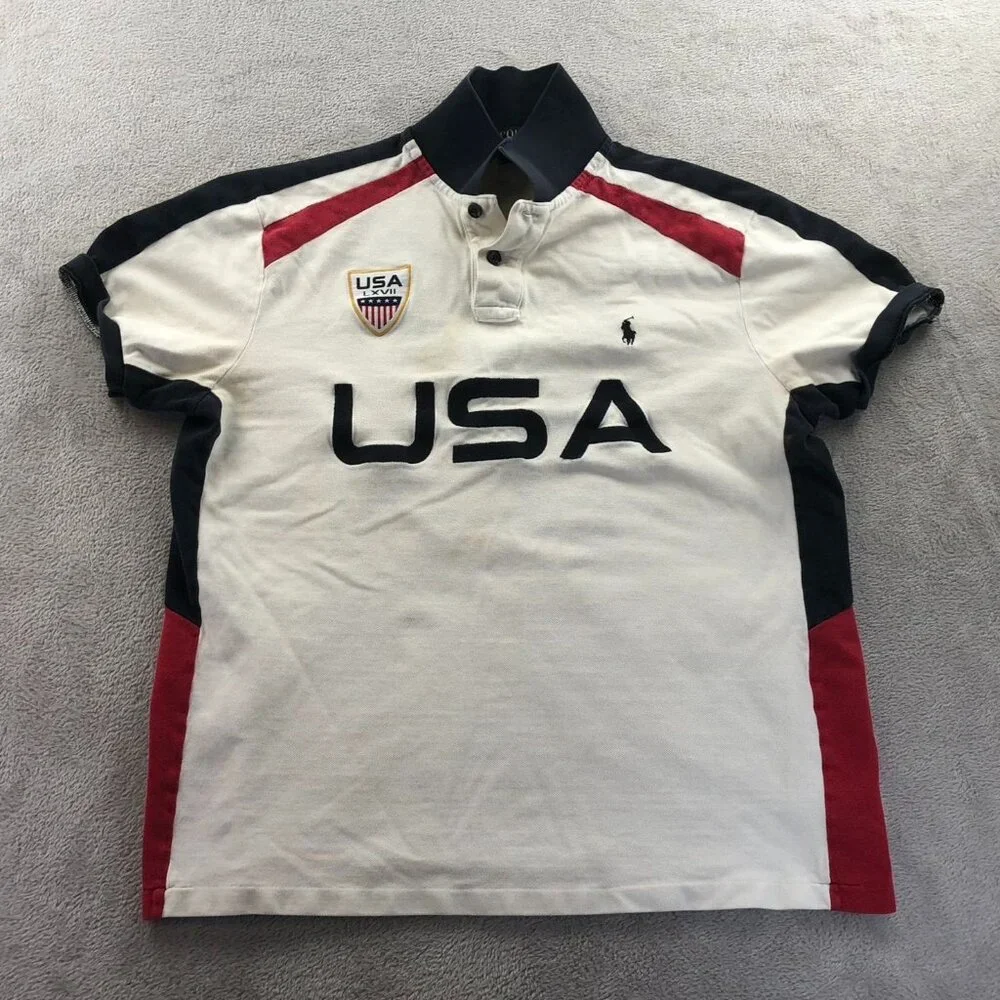 Polo Ralph Lauren Mens Polo Shirt XL White Embroidered USA Custom Fit Casual Top
